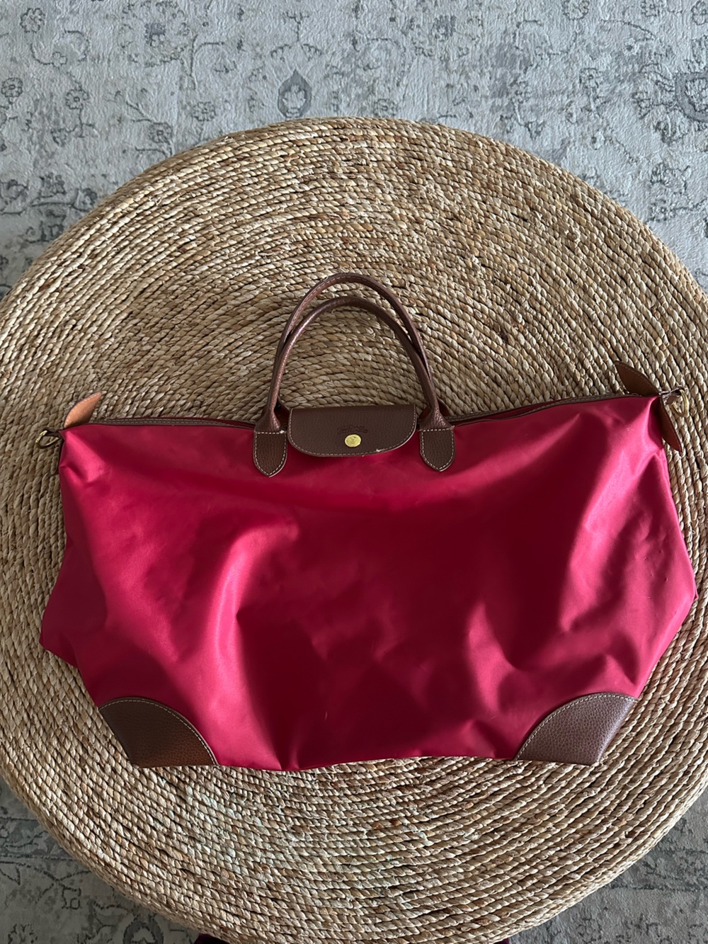 Longchamp Le Pliage Large Shoulder Tote Bag Red Nylon Brown Leather Trim